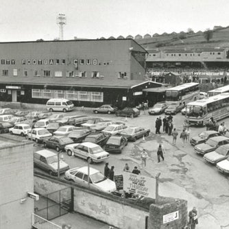 Black and white image of match day at Twerton Park, Bath 1989